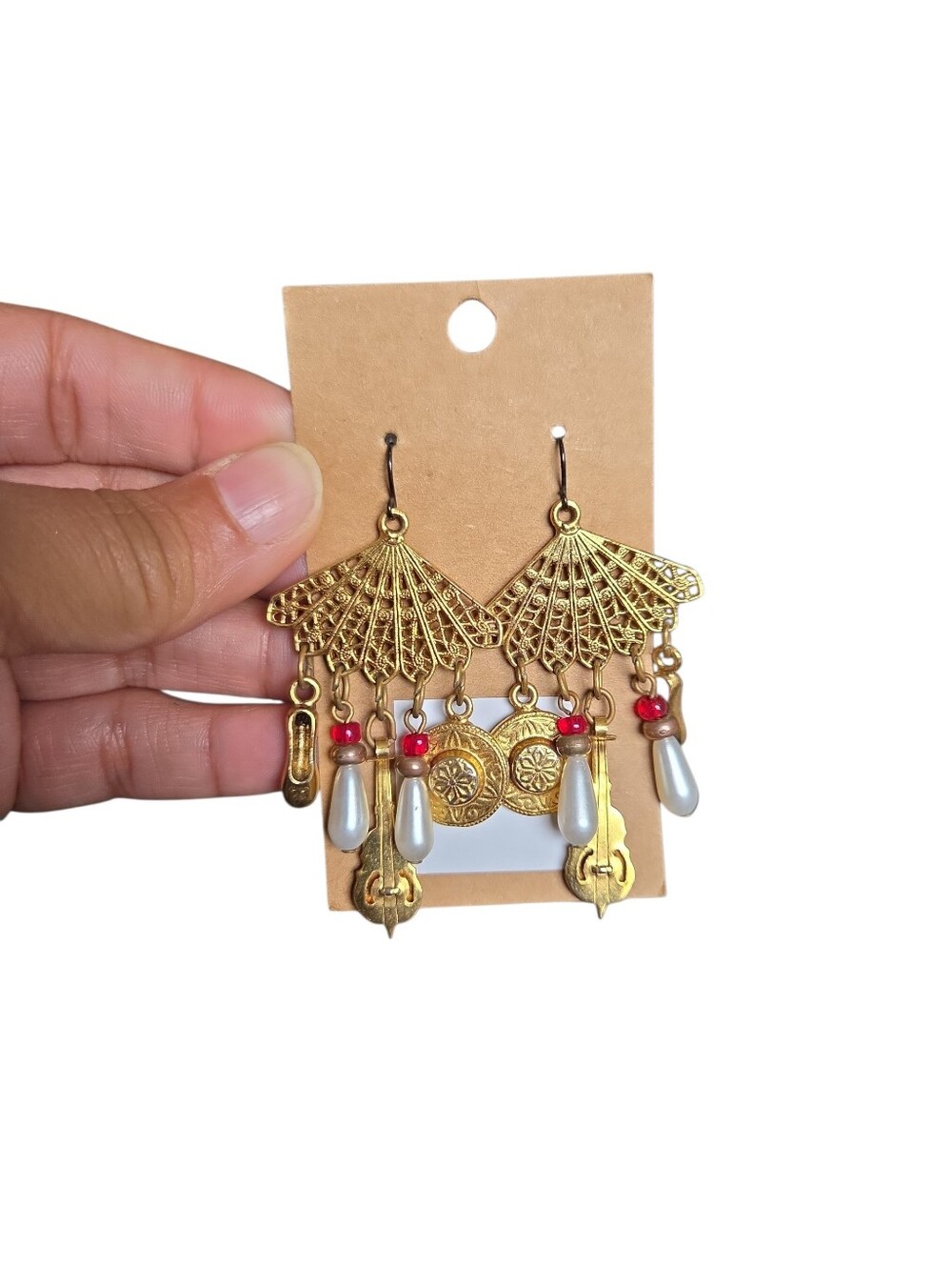 Vintage Gold Toned Fan Mexican Folk Dance Dangle Earrings with Pearl Drops 2.75"